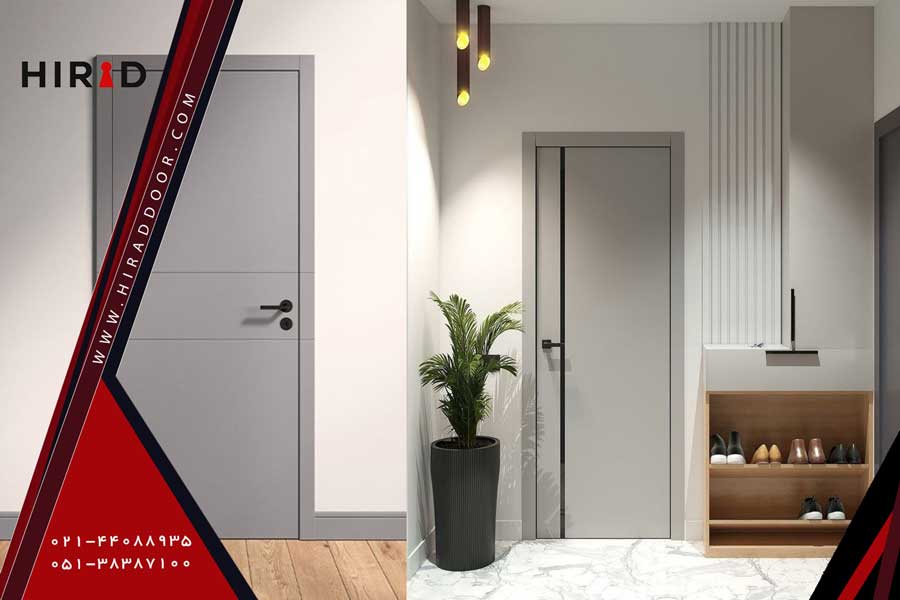 درب داخلی مدرن طوسی رنگ، با طراحی سیم لول یعنی چهارچوب و لت درب هم سطح